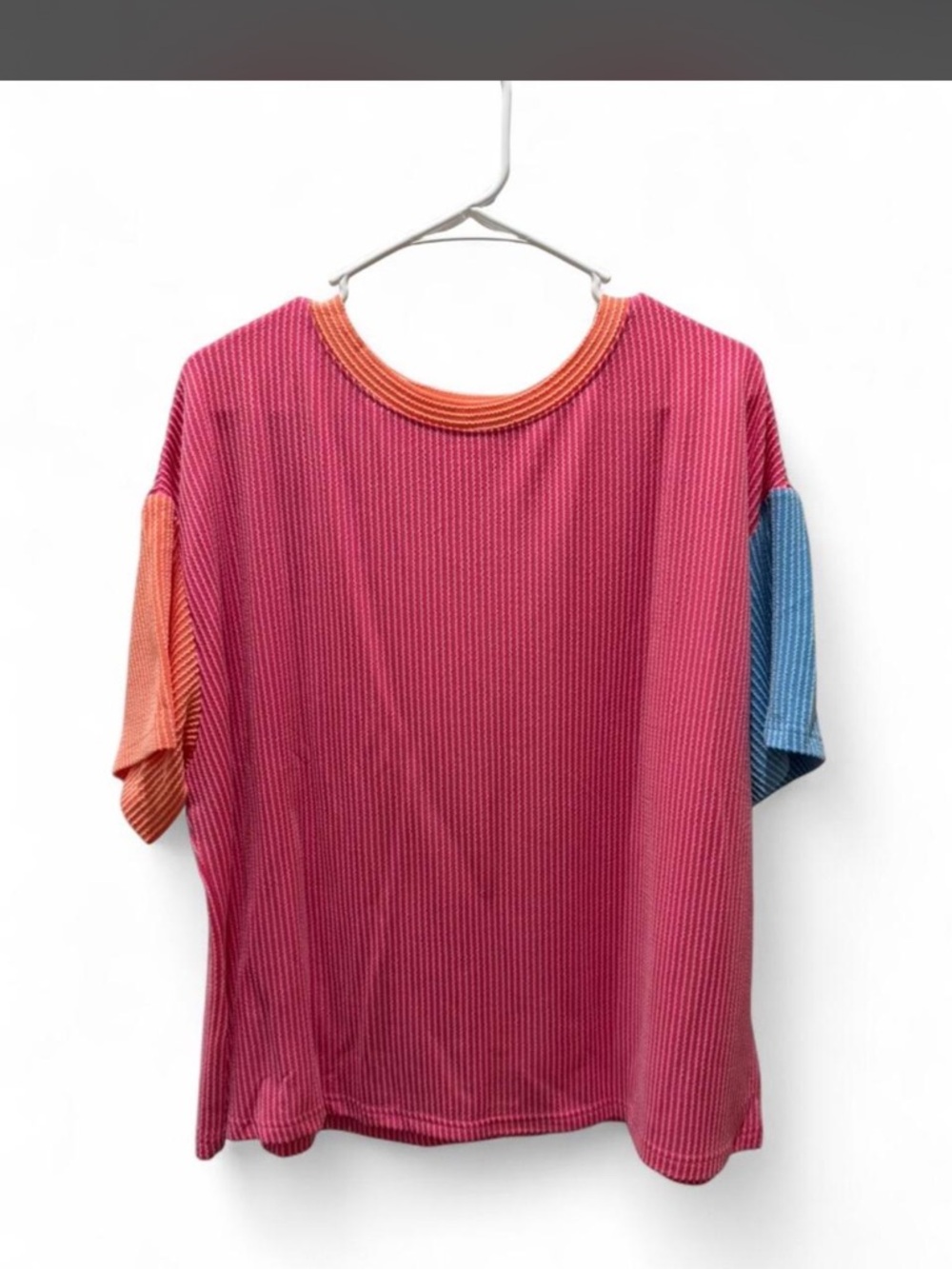 Colorblock Ribbed Tee — Pink with Orange & Blue Accents